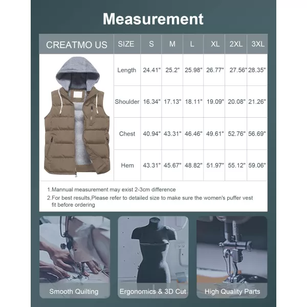 CREATMO US Womens Warm Vest Outerwear Thick Padded Puffer Sleeveless Vest With Detachable HoodBrown