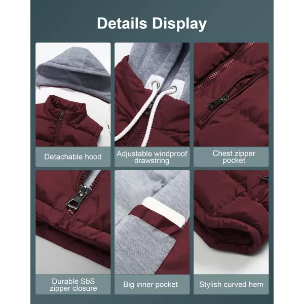 CREATMO US Womens Warm Vest Outerwear Thick Padded Puffer Sleeveless Vest With Detachable HoodBurgundy