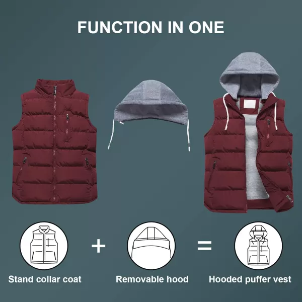 CREATMO US Womens Warm Vest Outerwear Thick Padded Puffer Sleeveless Vest With Detachable HoodBurgundy