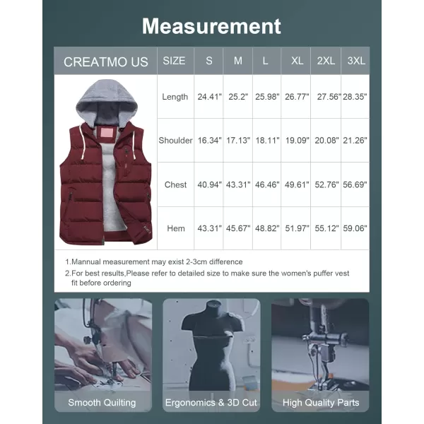 CREATMO US Womens Warm Vest Outerwear Thick Padded Puffer Sleeveless Vest With Detachable HoodBurgundy