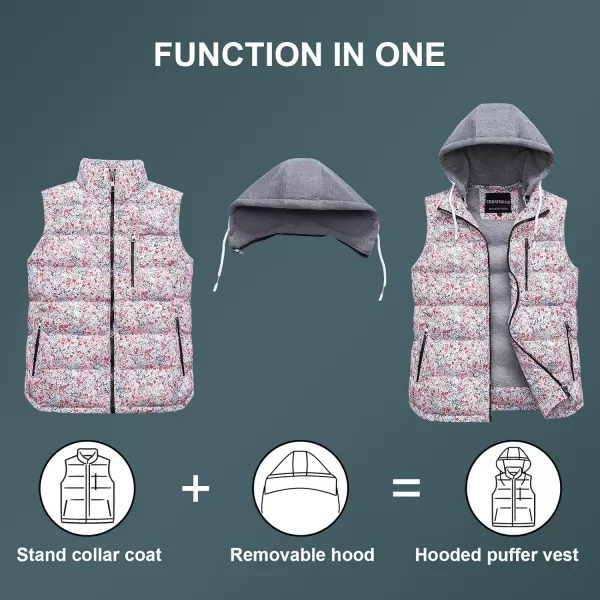 CREATMO US Womens Warm Vest Outerwear Thick Padded Puffer Sleeveless Vest With Detachable HoodFlowers