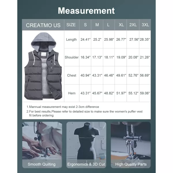 CREATMO US Womens Warm Vest Outerwear Thick Padded Puffer Sleeveless Vest With Detachable HoodGrey