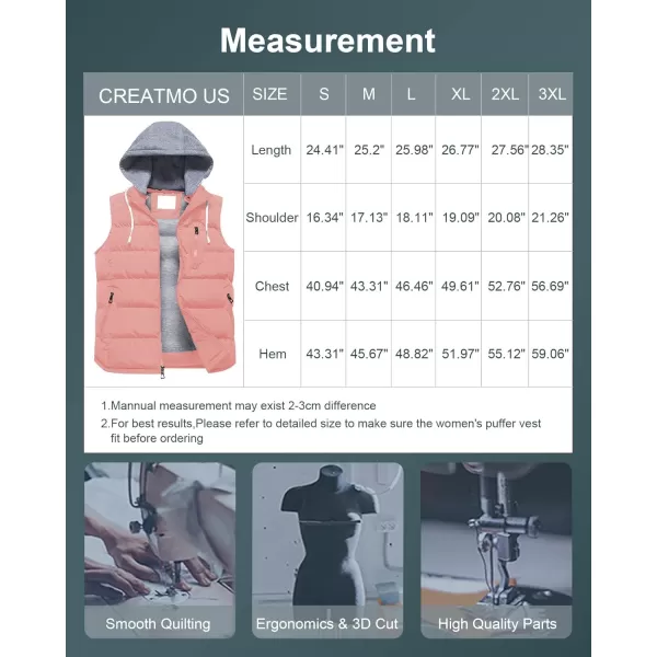 CREATMO US Womens Warm Vest Outerwear Thick Padded Puffer Sleeveless Vest With Detachable HoodPink