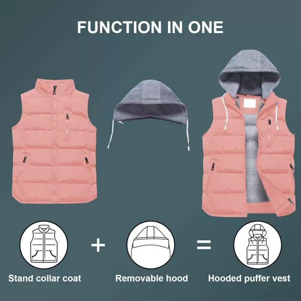 CREATMO US Womens Warm Vest Outerwear Thick Padded Puffer Sleeveless Vest With Detachable HoodPink