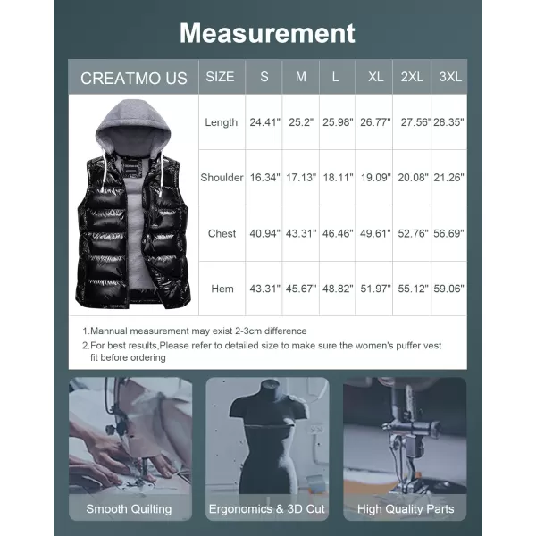 CREATMO US Womens Warm Vest Outerwear Thick Padded Puffer Sleeveless Vest With Detachable HoodShine Black
