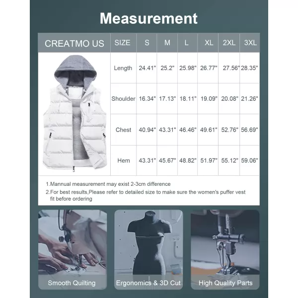 CREATMO US Womens Warm Vest Outerwear Thick Padded Puffer Sleeveless Vest With Detachable HoodWhite