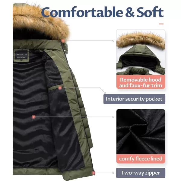 CREATMO US Womens Winter Hooded Coat Waterproof Warm Long Puffer Jacket ParkaArmy Green