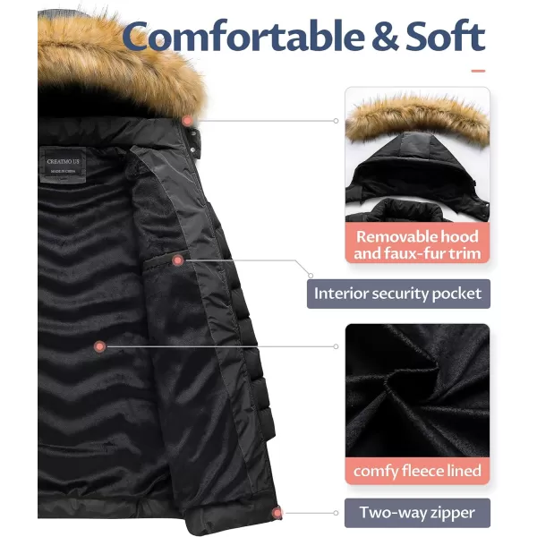 CREATMO US Womens Winter Hooded Coat Waterproof Warm Long Puffer Jacket ParkaBlack
