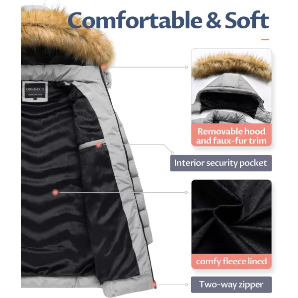 CREATMO US Womens Winter Hooded Coat Waterproof Warm Long Puffer Jacket ParkaGrey