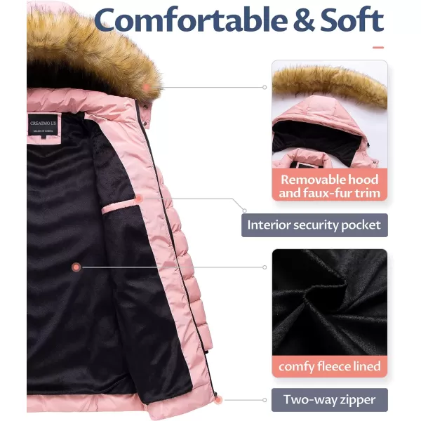 CREATMO US Womens Winter Hooded Coat Waterproof Warm Long Puffer Jacket ParkaPink