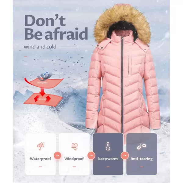 CREATMO US Womens Winter Hooded Coat Waterproof Warm Long Puffer Jacket ParkaPink