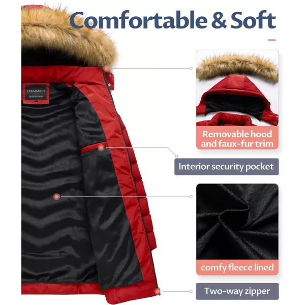 CREATMO US Womens Winter Hooded Coat Waterproof Warm Long Puffer Jacket ParkaRed