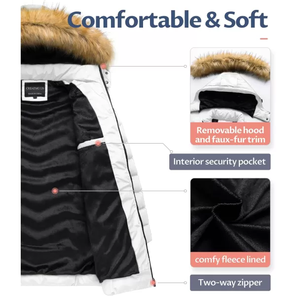 CREATMO US Womens Winter Hooded Coat Waterproof Warm Long Puffer Jacket ParkaWhite