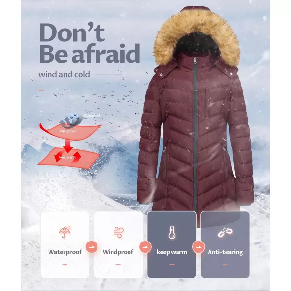CREATMO US Womens Winter Hooded Coat Waterproof Warm Long Puffer Jacket ParkaWine Red