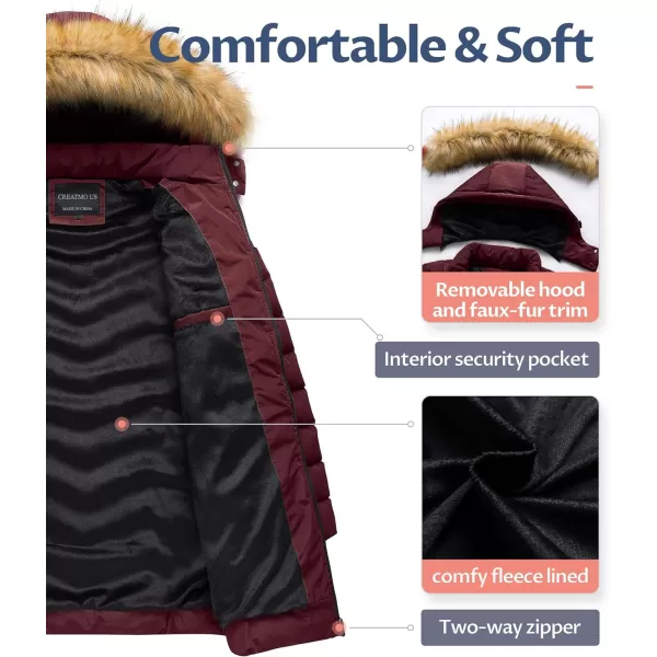 CREATMO US Womens Winter Hooded Coat Waterproof Warm Long Puffer Jacket ParkaWine Red