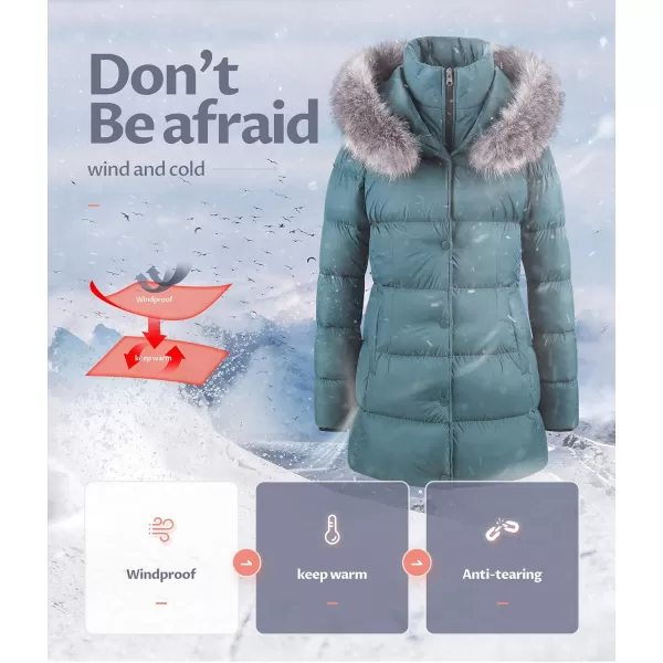 CREATMO US Womens Winter Snow Jacket Long Fur Puffer Coat With Removable Faux Fur TrimAcid Blue