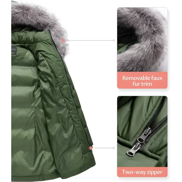 CREATMO US Womens Winter Snow Jacket Long Fur Puffer Coat With Removable Faux Fur TrimArmy Green