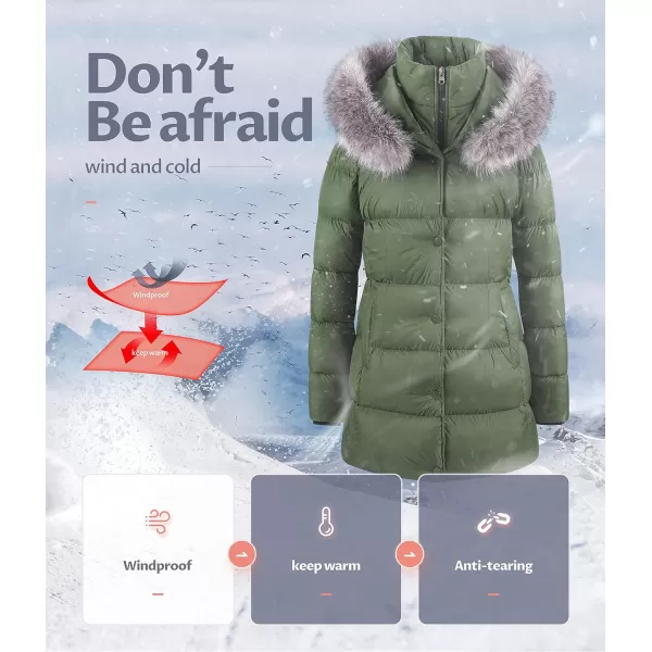 CREATMO US Womens Winter Snow Jacket Long Fur Puffer Coat With Removable Faux Fur TrimArmy Green