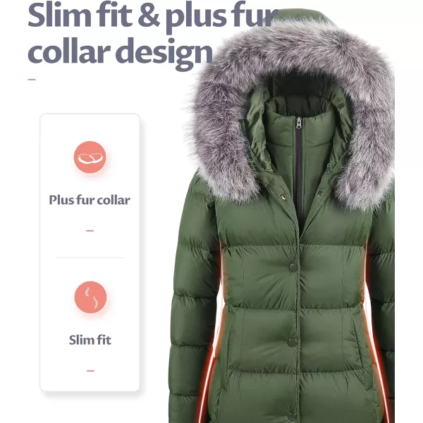 CREATMO US Womens Winter Snow Jacket Long Fur Puffer Coat With Removable Faux Fur TrimArmy Green
