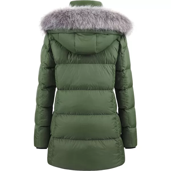 CREATMO US Womens Winter Snow Jacket Long Fur Puffer Coat With Removable Faux Fur TrimArmy Green