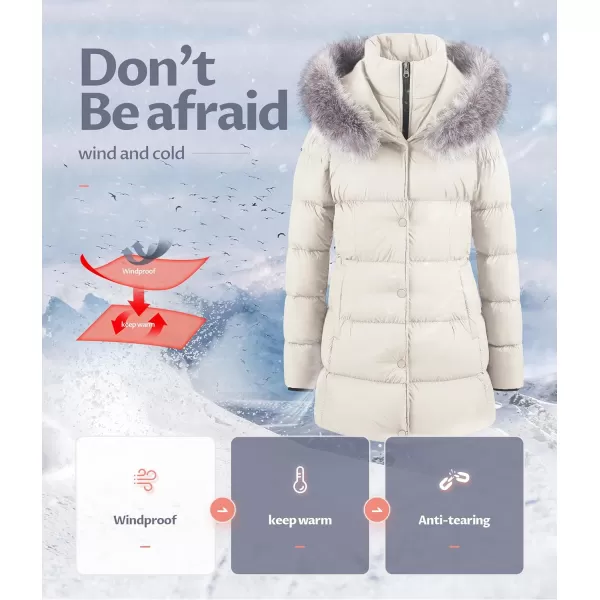 CREATMO US Womens Winter Snow Jacket Long Fur Puffer Coat With Removable Faux Fur TrimBeige