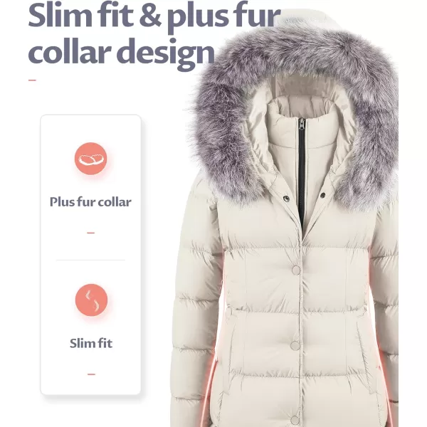 CREATMO US Womens Winter Snow Jacket Long Fur Puffer Coat With Removable Faux Fur TrimBeige