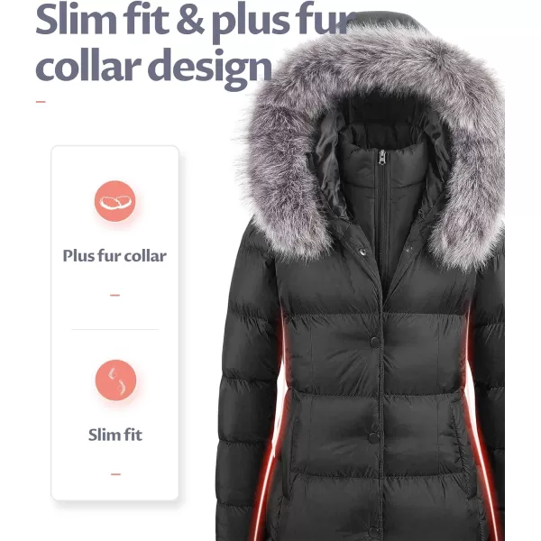 CREATMO US Womens Winter Snow Jacket Long Fur Puffer Coat With Removable Faux Fur TrimBlack