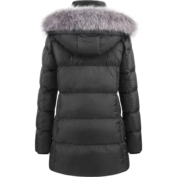 CREATMO US Womens Winter Snow Jacket Long Fur Puffer Coat With Removable Faux Fur TrimBlack