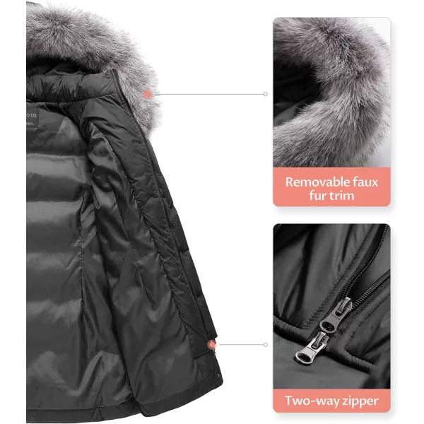 CREATMO US Womens Winter Snow Jacket Long Fur Puffer Coat With Removable Faux Fur TrimBlack
