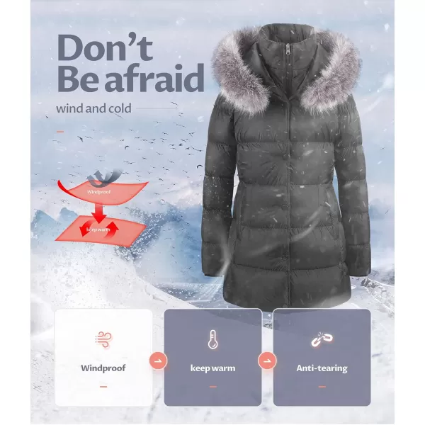 CREATMO US Womens Winter Snow Jacket Long Fur Puffer Coat With Removable Faux Fur TrimBlack