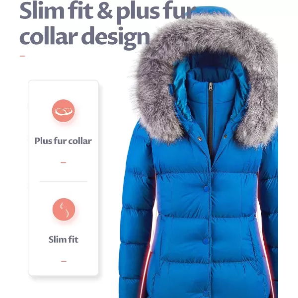 CREATMO US Womens Winter Snow Jacket Long Fur Puffer Coat With Removable Faux Fur TrimBlue