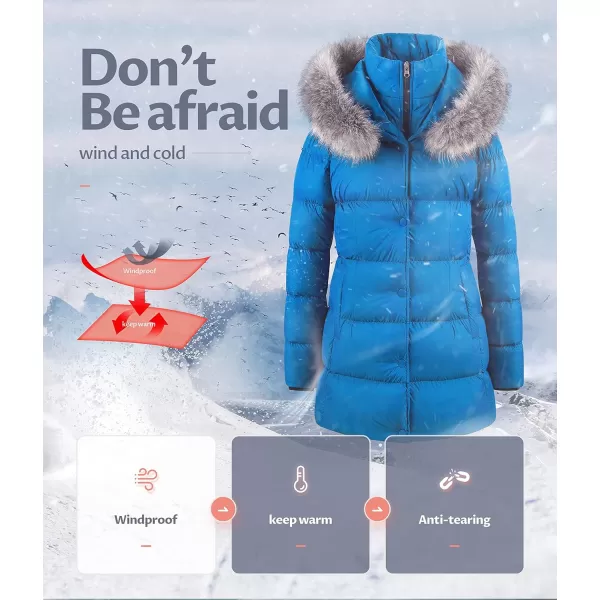 CREATMO US Womens Winter Snow Jacket Long Fur Puffer Coat With Removable Faux Fur TrimBlue