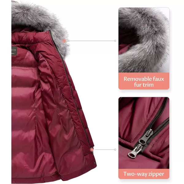 CREATMO US Womens Winter Snow Jacket Long Fur Puffer Coat With Removable Faux Fur TrimBurgundy
