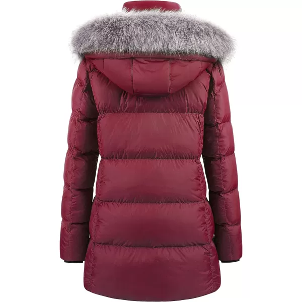 CREATMO US Womens Winter Snow Jacket Long Fur Puffer Coat With Removable Faux Fur TrimBurgundy