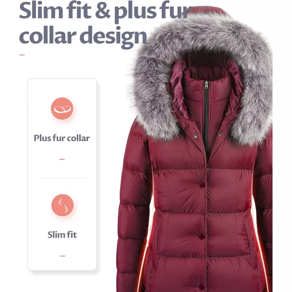 CREATMO US Womens Winter Snow Jacket Long Fur Puffer Coat With Removable Faux Fur TrimBurgundy