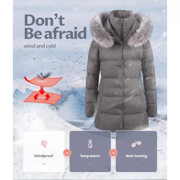 CREATMO US Womens Winter Snow Jacket Long Fur Puffer Coat With Removable Faux Fur TrimGrey