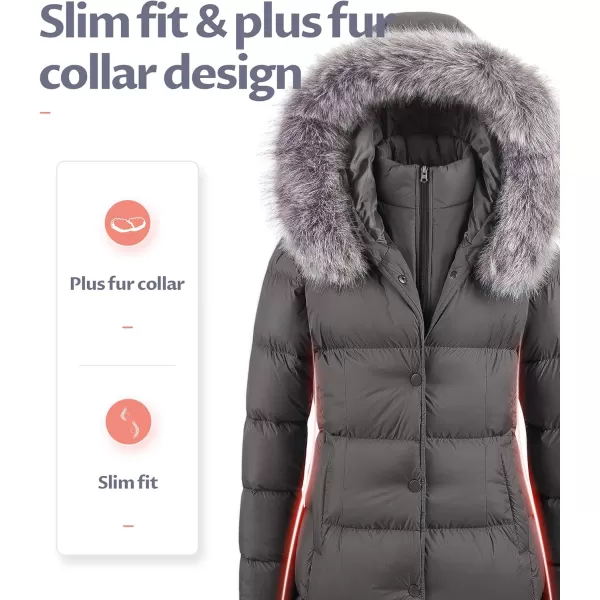 CREATMO US Womens Winter Snow Jacket Long Fur Puffer Coat With Removable Faux Fur TrimGrey