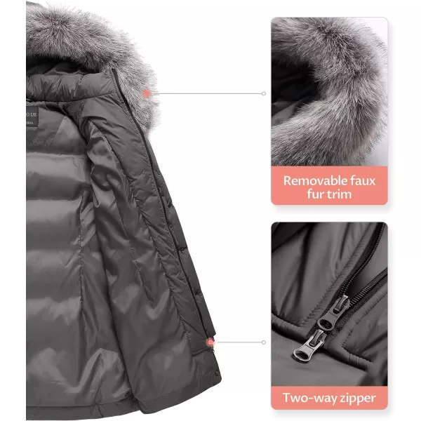 CREATMO US Womens Winter Snow Jacket Long Fur Puffer Coat With Removable Faux Fur TrimGrey