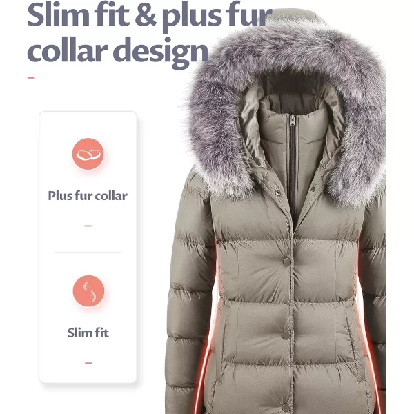 CREATMO US Womens Winter Snow Jacket Long Fur Puffer Coat With Removable Faux Fur TrimLight Khaki