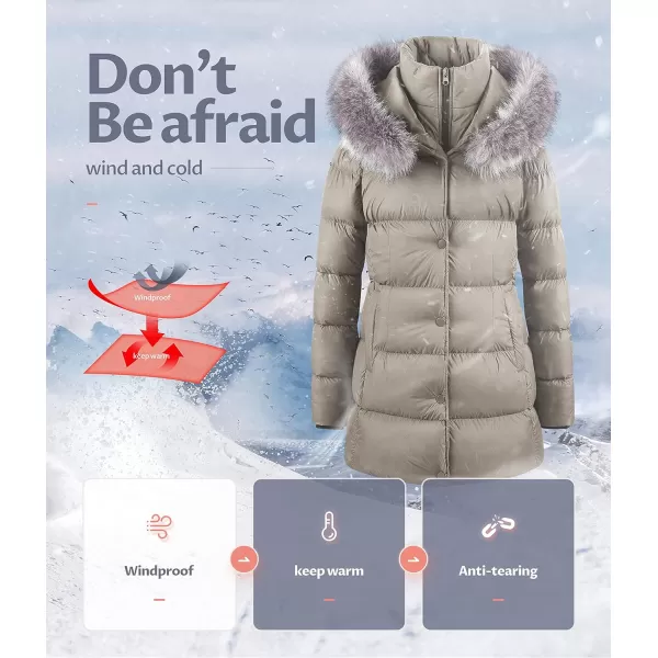 CREATMO US Womens Winter Snow Jacket Long Fur Puffer Coat With Removable Faux Fur TrimLight Khaki