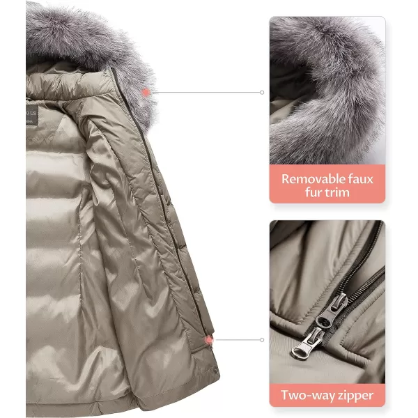 CREATMO US Womens Winter Snow Jacket Long Fur Puffer Coat With Removable Faux Fur TrimLight Khaki