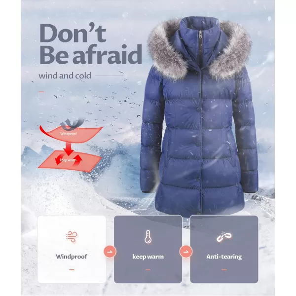CREATMO US Womens Winter Snow Jacket Long Fur Puffer Coat With Removable Faux Fur TrimNavy