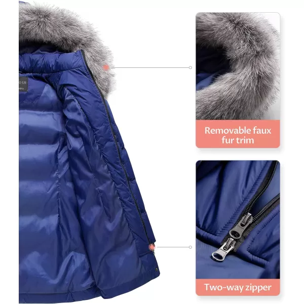 CREATMO US Womens Winter Snow Jacket Long Fur Puffer Coat With Removable Faux Fur TrimNavy