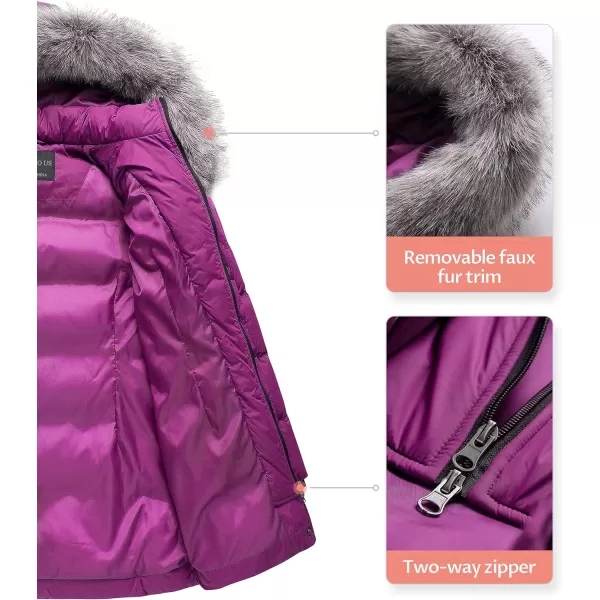 CREATMO US Womens Winter Snow Jacket Long Fur Puffer Coat With Removable Faux Fur TrimPurple