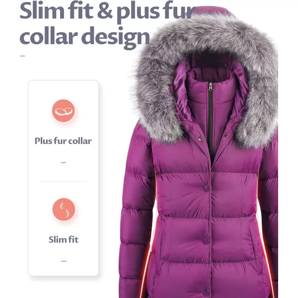 CREATMO US Womens Winter Snow Jacket Long Fur Puffer Coat With Removable Faux Fur TrimPurple