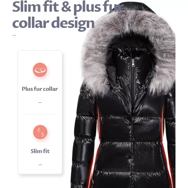 CREATMO US Womens Winter Snow Jacket Long Fur Puffer Coat With Removable Faux Fur TrimShine Black