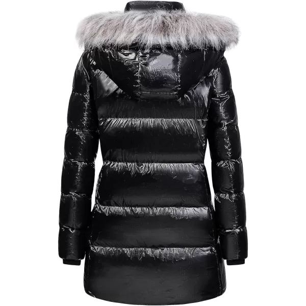 CREATMO US Womens Winter Snow Jacket Long Fur Puffer Coat With Removable Faux Fur TrimShine Black
