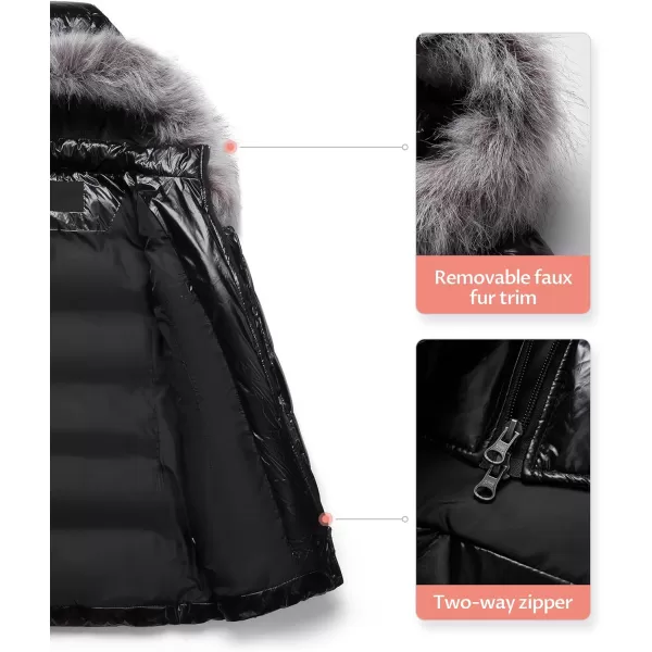 CREATMO US Womens Winter Snow Jacket Long Fur Puffer Coat With Removable Faux Fur TrimShine Black
