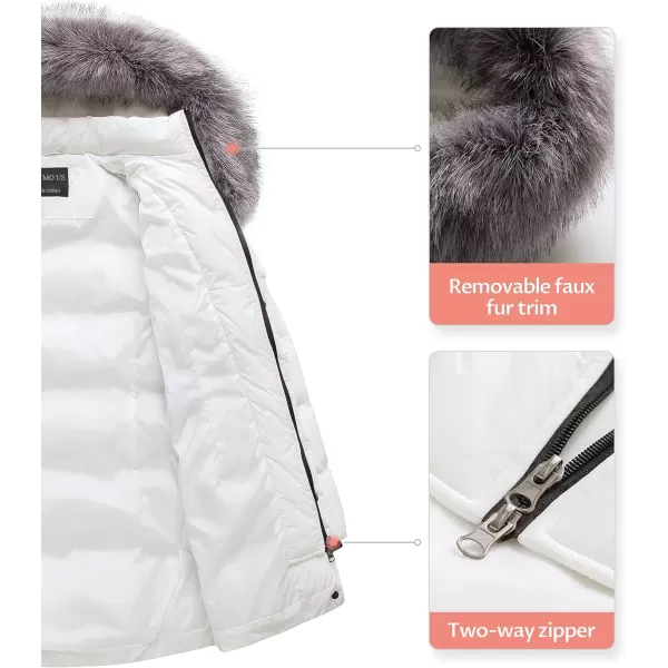 CREATMO US Womens Winter Snow Jacket Long Fur Puffer Coat With Removable Faux Fur TrimWhite
