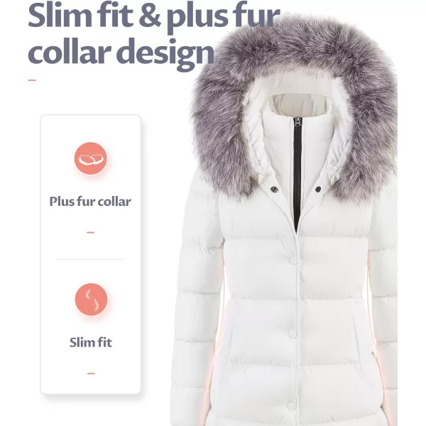 CREATMO US Womens Winter Snow Jacket Long Fur Puffer Coat With Removable Faux Fur TrimWhite